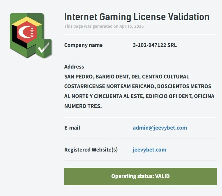Jeevybet Casino licencia